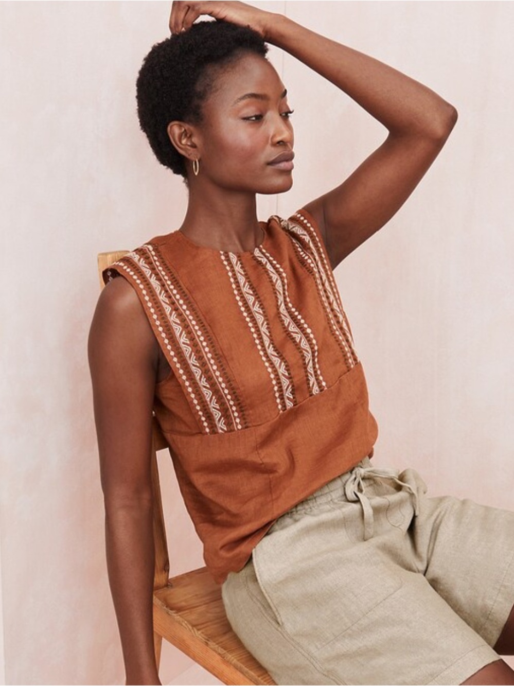 Garnet Hill Brown Magnolia Linen Top Size L